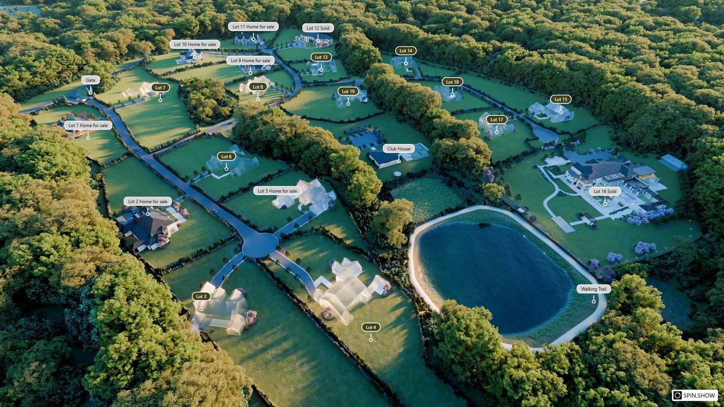Updated Spin.show aerial view of Iron Mill Estates with homesite labels, lake, walking trail, clubhouse, and gated entry